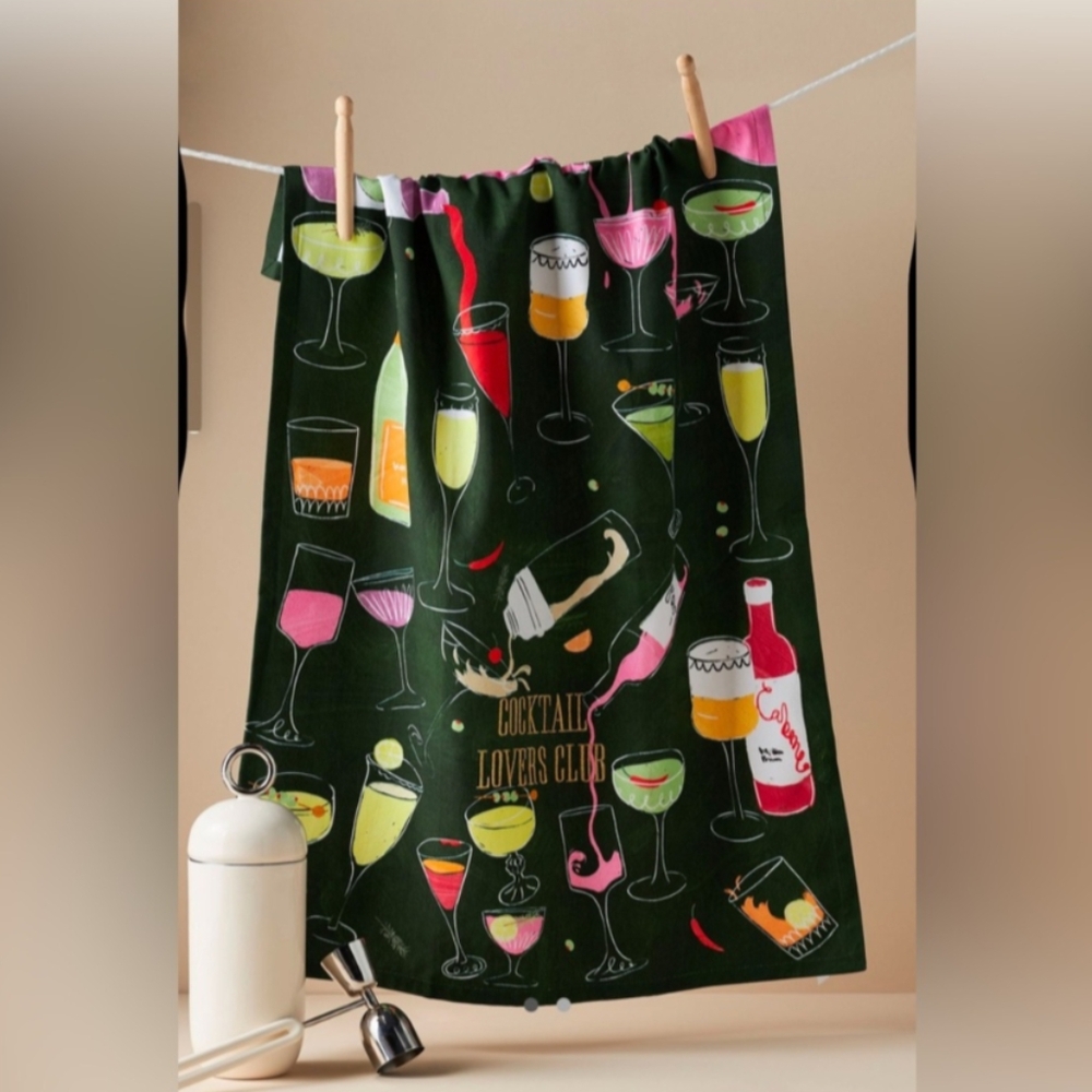 Anthropologie Cocktail Lovers Club Cotton Dish Towel embroidered NEW LAST CHANCE